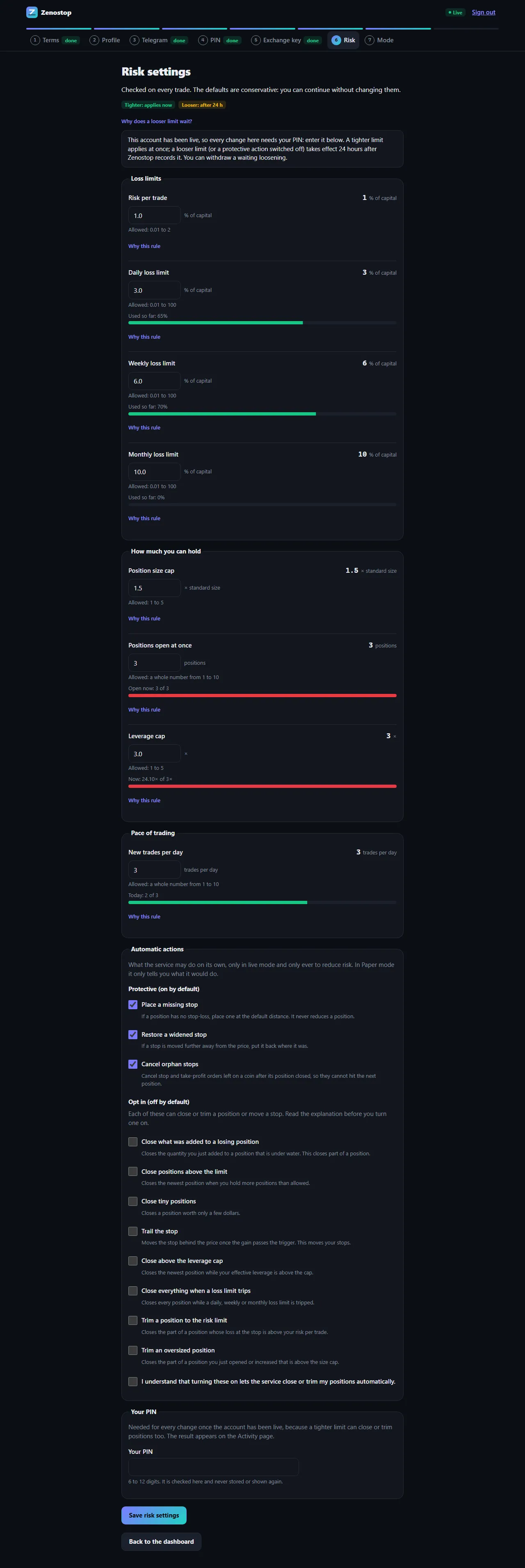Zenostop risk limits page with loss limits and caps, sample data